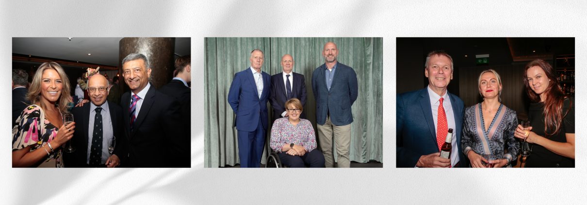 Three photograph arranged horizontally showing guests at the event with a grey and white background
